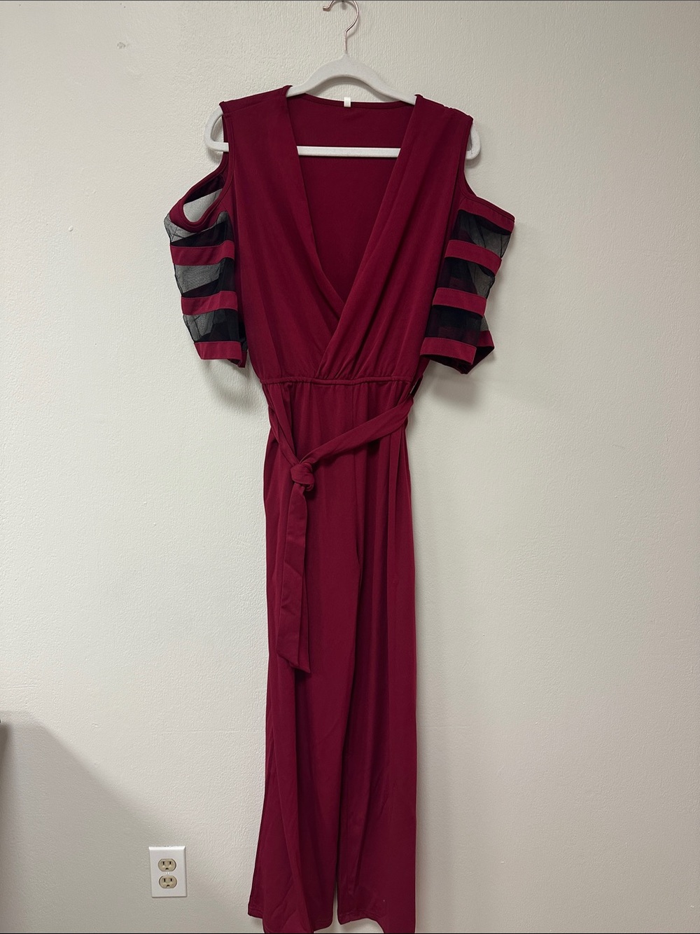 Women’s Burgundy Cold-Shoulder Wrap Jumpsuit